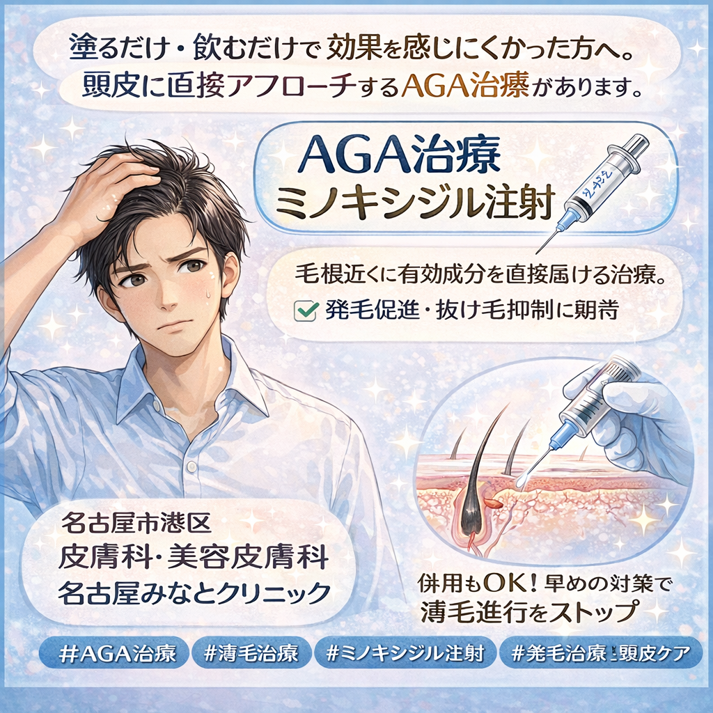 AGA治療｜頭皮へのミノキシジル注射は本当に効果がある？名古屋市港区の皮膚科・美容皮膚科「名古屋みなとクリニック」が解説