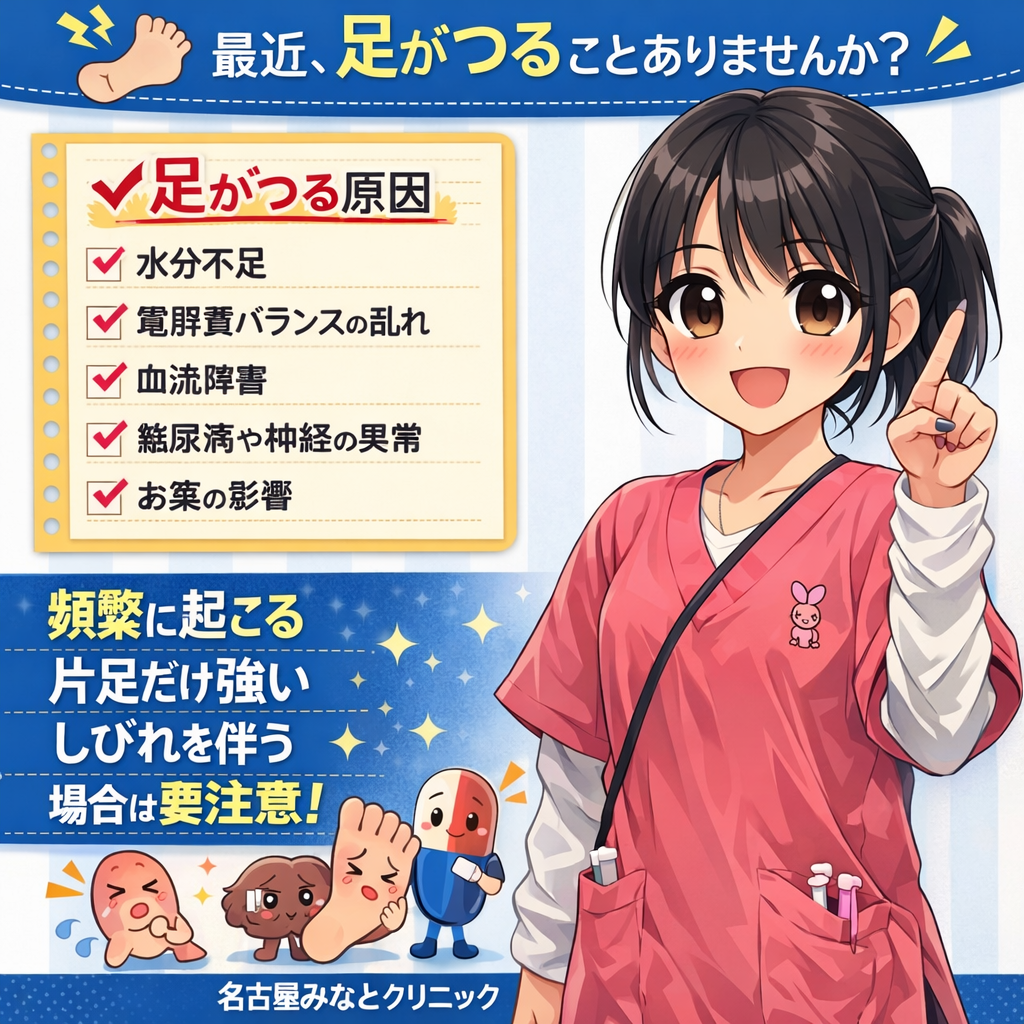 足がつりやすくなった…その原因と治療について　名古屋みなとクリニック