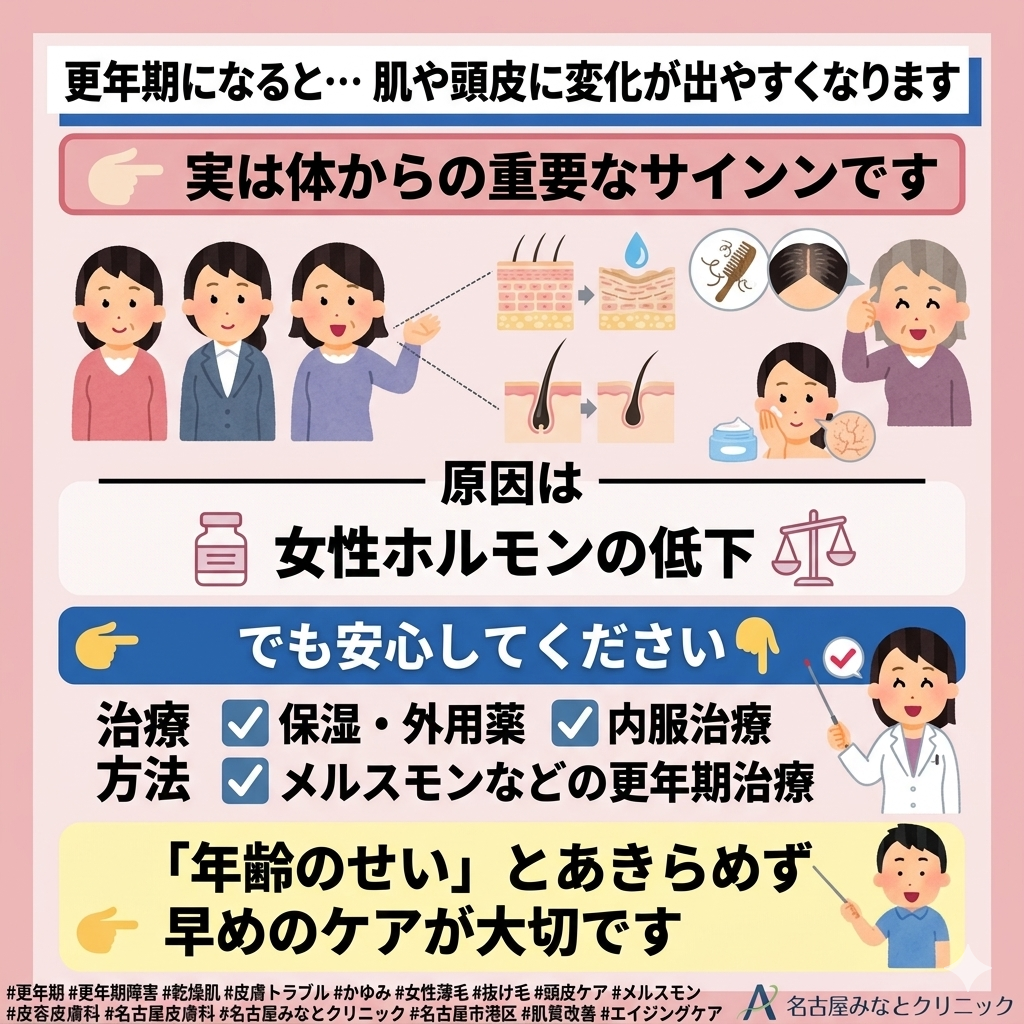 更年期障害による皮膚症状・頭皮症状と有効な治療　名古屋市港区・皮膚科／美容皮膚科｜名古屋みなとクリニック