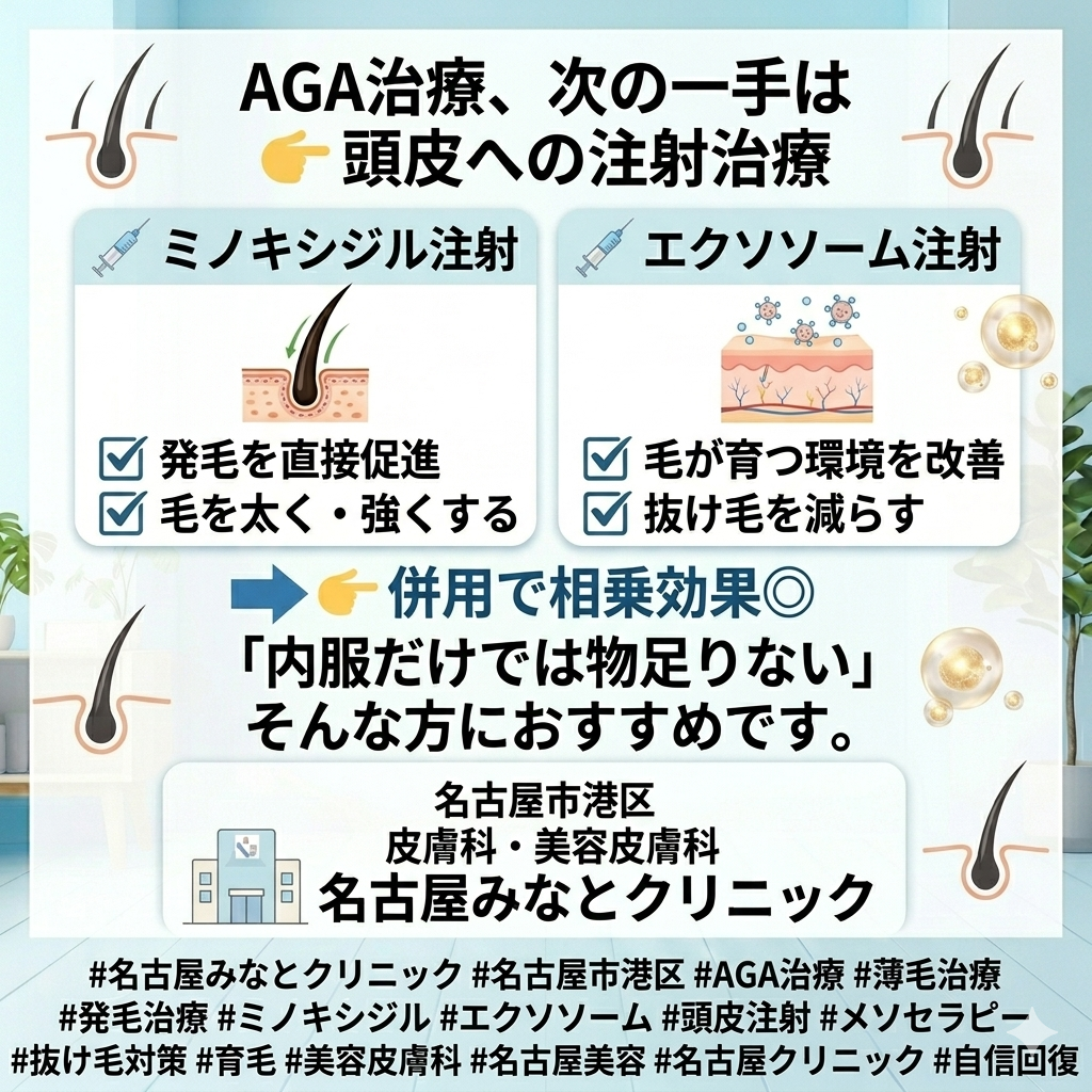 AGA治療における頭皮エクソソーム注射・頭皮ミノキシジル注射の有効性について　名古屋みなとクリニック