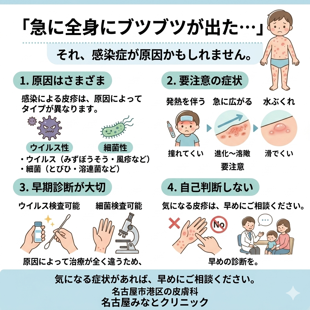 感染で全身に皮疹が出る病気とは？原因と治療をわかりやすく解説　名古屋市港区の皮膚科名古屋みなとクリニック