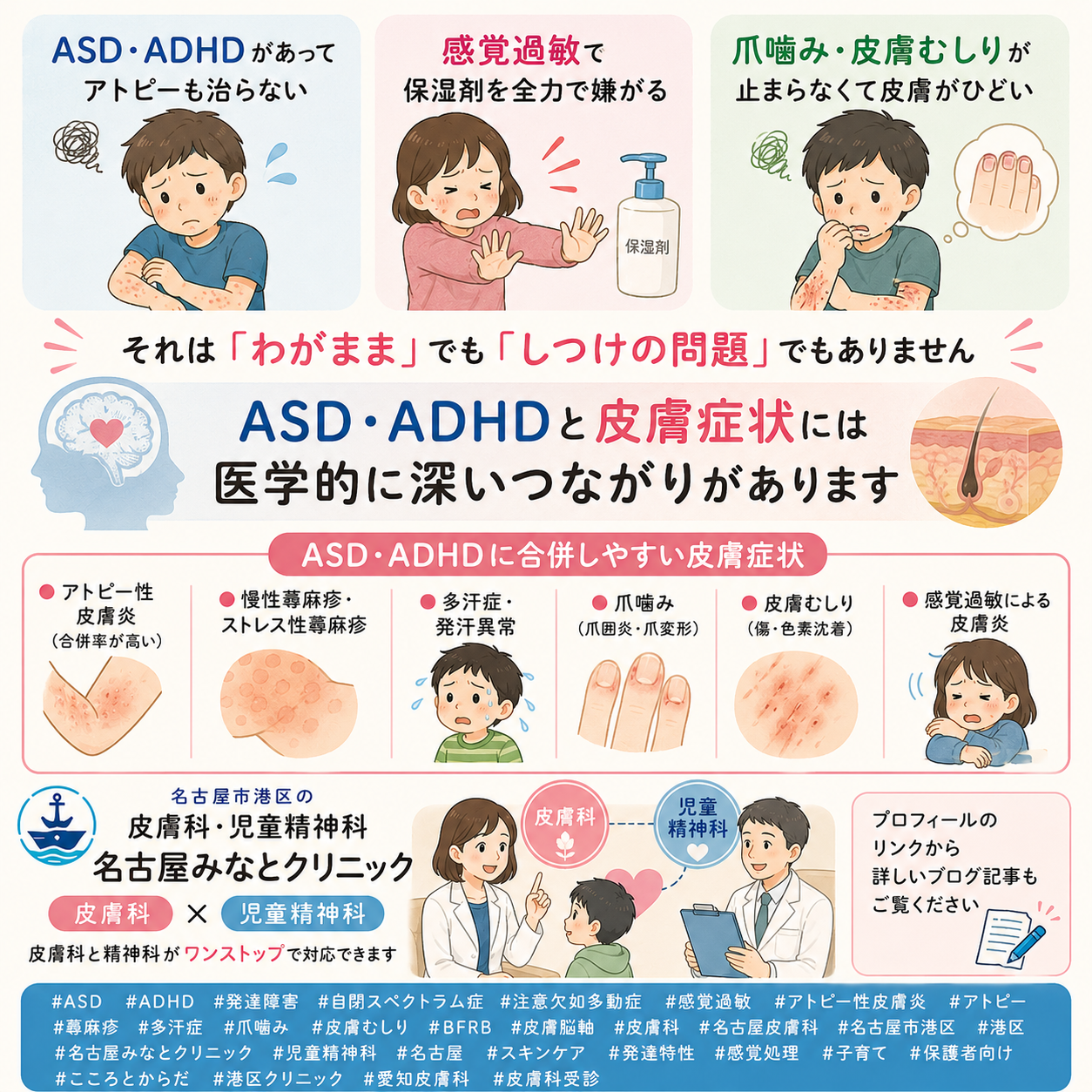 ASD・ADHDに合併しやすい皮膚症状——「皮膚—脳軸」から見る発達特性と皮膚の深い関係を名古屋みなとクリニック（名古屋市港区・皮膚科）が詳しく解説