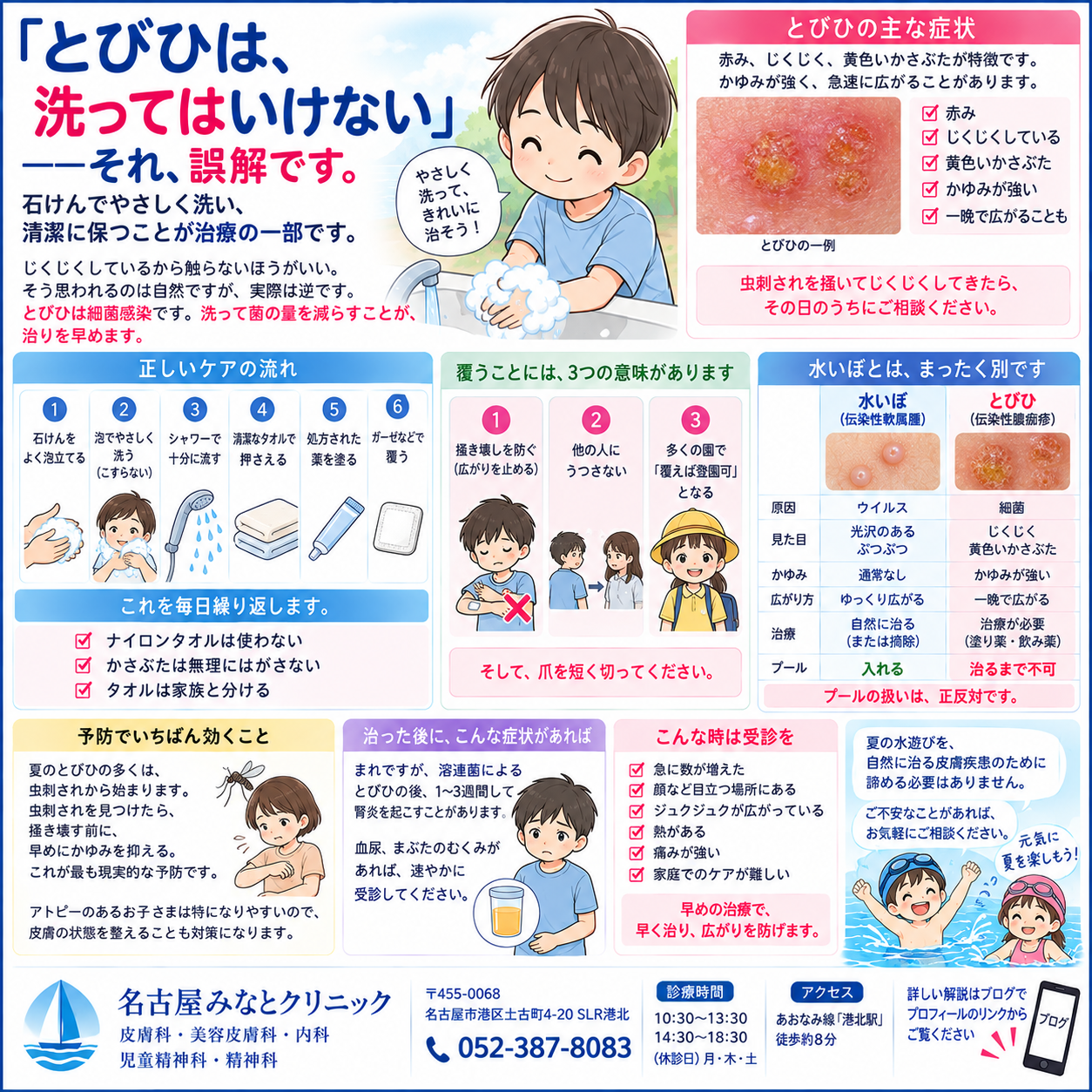 とびひ（伝染性膿痂疹）——一晩で広がります。水いぼとの違い・プールと登園の基準・正しい洗い方を名古屋みなとクリニック（名古屋市港区・皮膚科）が詳しく解説