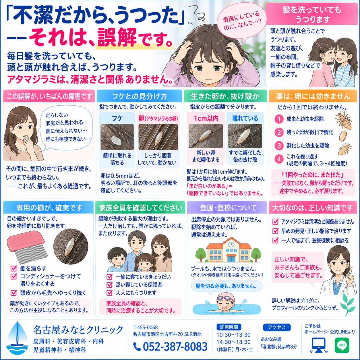 アタマジラミ——「不潔だから」ではありません。フケとの見分け方・正しい駆除の手順・登園について名古屋みなとクリニック（名古屋市港区・皮膚科）が詳しく解説