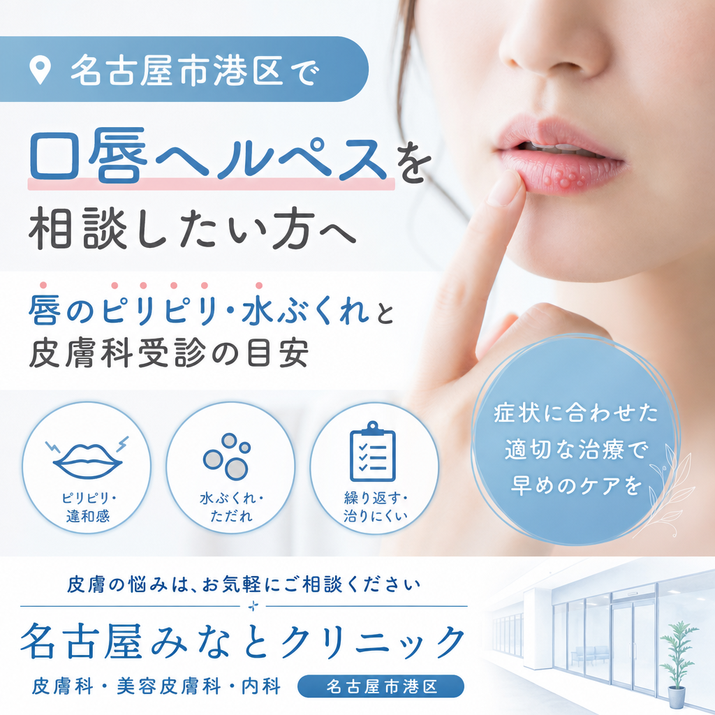 唇のピリピリ感や水ぶくれについて皮膚科受診の目安を案内するイメージ